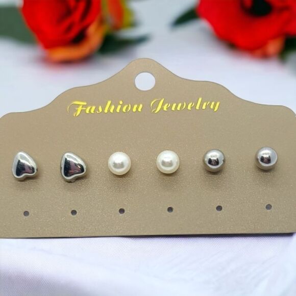 Set/3 Pair Silver Stud Earrings Puffy Heart/Pearl/Round Ball Boho Simple Jewelry - Picture 1 of 3